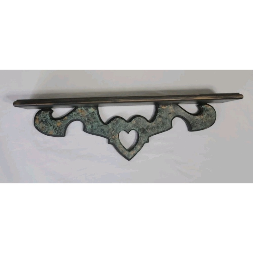 Wooden Wall Shelf Heart-shaped Cutout Distressed Teal, Hand Painted, 5" X 24"